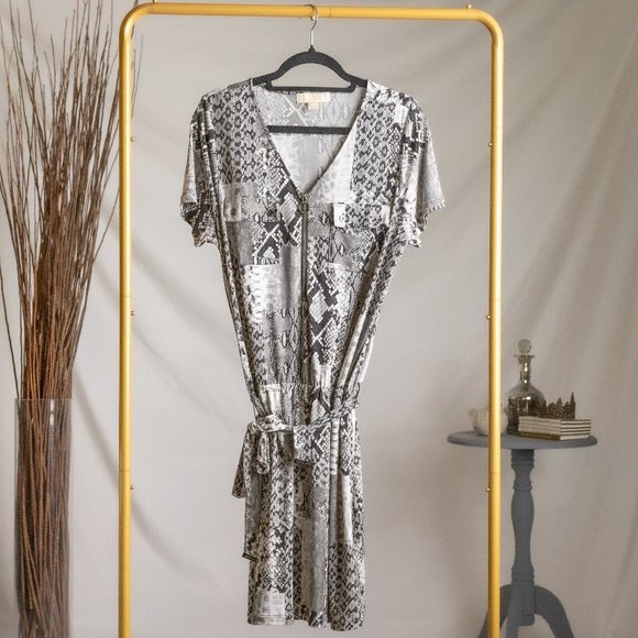Michael Kors Snakeskin Patchwork Print Belted Dress, Size Large - Picture 1 of 12